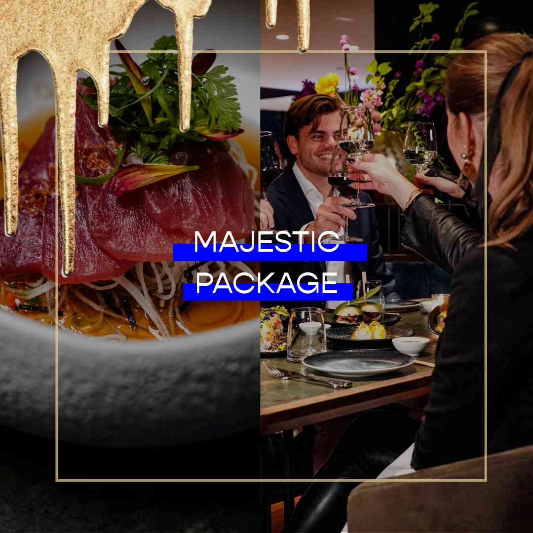 Feestelijk New years eve diner waarbij gasten toosten in een stijlvolle restaurantsetting, gecombineerd met een close-up van een kleurrijk Nikkei gerecht.
